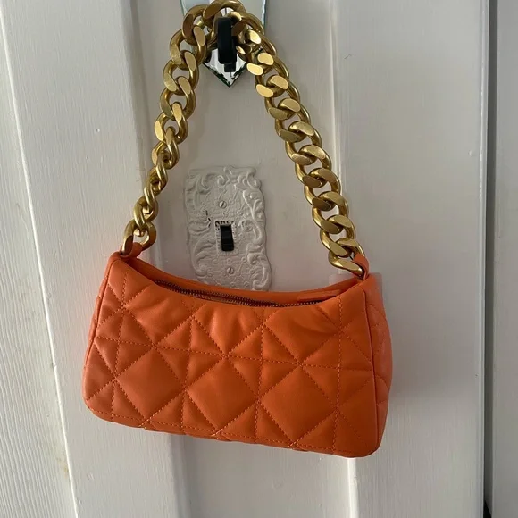 Mango Orange Quilted Baguette Purse with Gold Chain - Picture 10 of 16